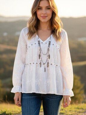 White embroidered long sleeve top